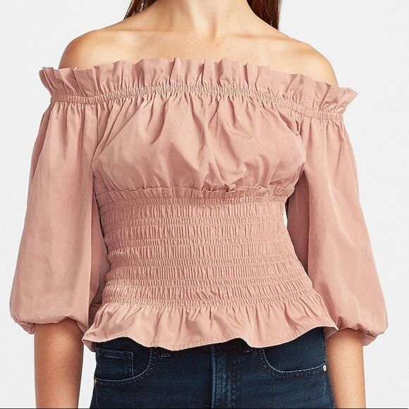 Express Tops - NWT- Express Pink smocked off shoulder top - L